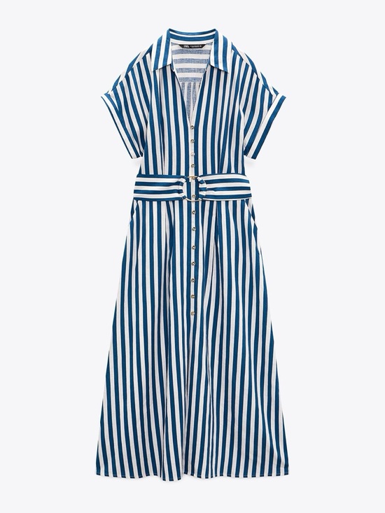 Zara Dresses & Skirts - Zara Striped Linen Blend Shirt Dress Blue White Belted Maxi XL 8092/469